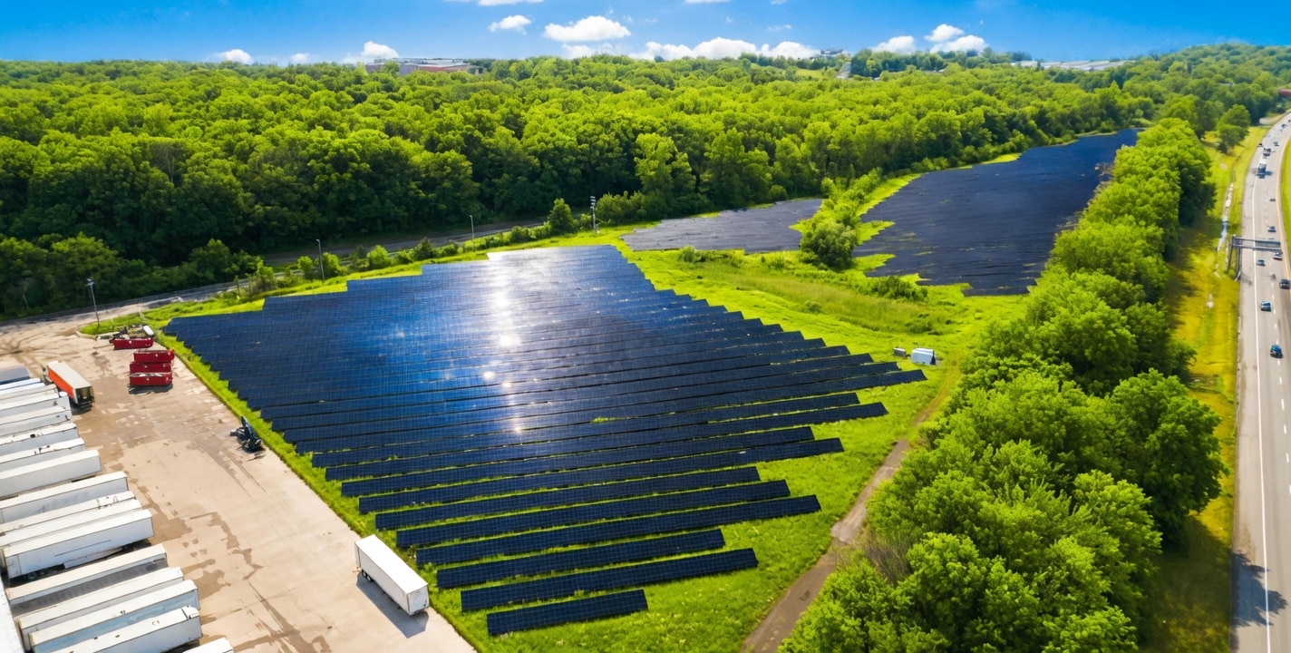 President Container Group Independent Corrugated Manufacturer in Middletown New York - Solar Farm - Solar Panels Power our Production to make your custom made corrugated boxes are eco friendly with PCG